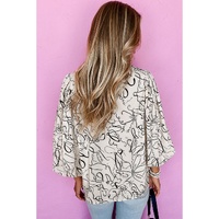 Beige Abstract Print Balloon Sleeve Crew Neck Blouse - L thumbnail