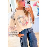 Beige Plaid Floral Peace Heart Graphic Wide Long Sleeve Top - M thumbnail