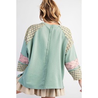 Clearly Aqua Plaid Floral Peace Heart Graphic Wide Long Sleeve Top - L thumbnail