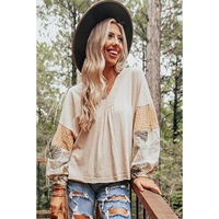 Jet Stream Palm Leaves Polka Dot Puff Sleeve Patchwork V Neck Loose Blouse - 2XL thumbnail