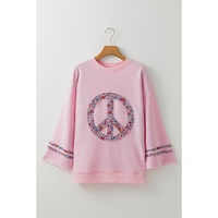 Light Pink Floral Peace Sign Graphic Drop Shoulder Wide Sleeve Casual Top - L thumbnail