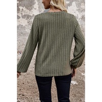 Moss Green Leopard Print Crochet Patchwork Rib Textured Knit Top - L thumbnail