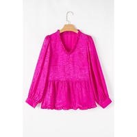 Rose Red Metallic Frilled V Neck Puff Sleeve Babydoll Blouse - M thumbnail