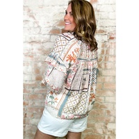 Multicolour Boho Floral Patched Ruffled Sleeve Tied Neck Blouse - S thumbnail