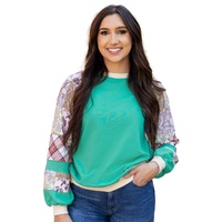 Aruba Blue Plaid Vintage Paisley Patchwork Long Sleeve Raglan Top - L thumbnail