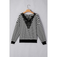 Black Stripe Crochet Hollow-out Back Buttoned Shoulder V Neck Top - L thumbnail