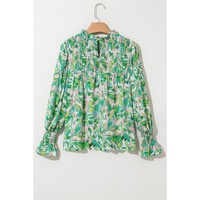 Green Leafy Printed Flounce Sleeve Shirred Mock Neck Blouse - L thumbnail