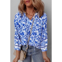 Blue Boho Printed 3/4 Sleeve Tied Neck Blouse - L thumbnail
