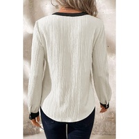 White Textured Colorblock V Neck Elegant Blouse - L thumbnail