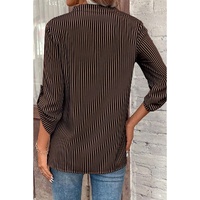 Brown Stripe V Neck Roll Up Sleeve Pocket Patched Classic Shirt - L thumbnail