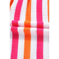 Orange Stripe Balloon Sleeve Notched V Neck Buttoned Front Blouse - L thumbnail
