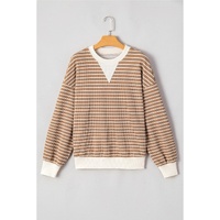 Khaki Stripe Patched Edge Textured Round Neck Long Sleeve Top - L thumbnail