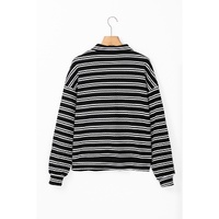 Black Stripe Textured Quarter Zip Collar Long Sleeve Top - L thumbnail