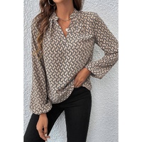 Khaki Geometric Print Notched Neck Puff Sleeve Blouse - L thumbnail