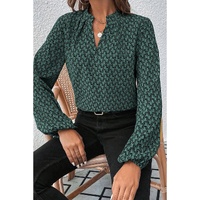 Green Geometric Print Notched Neck Puff Sleeve Blouse - L thumbnail
