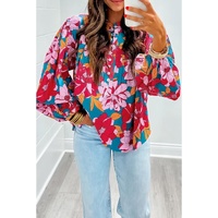 Red Floral Printed Balloon Sleeve Half Buttons Blouse - L thumbnail