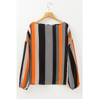 Orange Polka Dot Vertical Striped Printed Puff Sleeve Blouse - L thumbnail