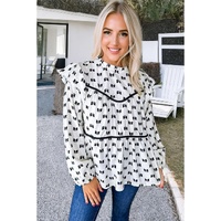 White Bow Knot Print Piping Trim Ruffled Crew Neck Blouse - L thumbnail