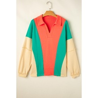 Grapefruit Orange Color Block Patchwork Collared V Neck Loose Top - L thumbnail