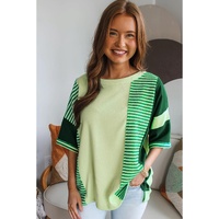 Mint Green Striped Patchwork Textured Colorblock 3/4 Sleeve Knit Top - L thumbnail