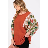 Desert Gold Floral Puff Sleeve Patchwork Round Neck Blouse - L thumbnail