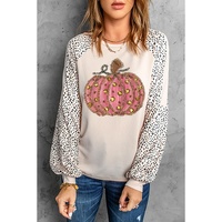 Khaki Thanksgiving Pumpkin Graphic Leopard Raglan Sleeve Top - L thumbnail