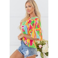 Multicolour Abstract Print Keyhole Back Pleated Half Sleeve Blouse - L thumbnail