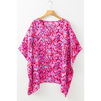 Pink Abstract Print V Neck Half Sleeve Loose Fit Tunic Blouse - L thumbnail