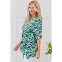 Green Abstract Print V Neck Half Sleeve Loose Fit Tunic Blouse - L thumbnail