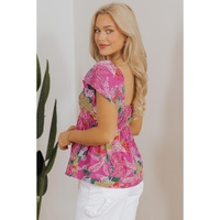 Purple Floral Print Sweetheart Neck Flutter Sleeve Blouse - L thumbnail