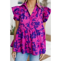 Rose Floral Print Collared Button Neckline Flutter Sleeve Blouse - L thumbnail