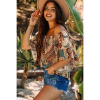 Apricot Paisley Printed Shirred Off Shoulder Ruffled Draped Sleeve Blouse - L thumbnail