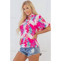 Rose Tropical Plant Printed V Neck Puff Sleeve Blouse - L thumbnail