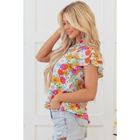 Yellow Floral Print Shirred Tiered Ruffled Sleeve Blouse - L thumbnail