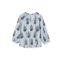 Beau Blue Striped Floral Printed Long Sleeve Tied V Neck Blouse - XL thumbnail