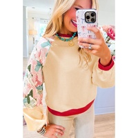Beige Bowknot Printed Patchwork Raglan Sleeve Colorblock Edge Top - M thumbnail