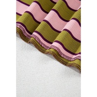 Spinach Green Clashing Stripes Waffle Texture Notched Neck Long Sleeve Top - L thumbnail