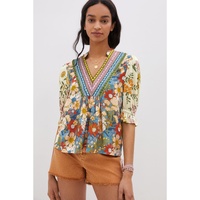 Multicolour Crochet V Neck Half Sleeve Boho Floral Blouse - L thumbnail