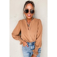 Straw Yellow Solid Color Shirred Cuff Notch V Neck Blouse - L thumbnail
