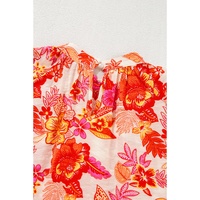 Orange Floral Print Pearl Button Keyhole Long Puff Sleeve Blouse - L thumbnail