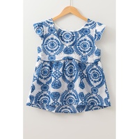 Blue Boho Print Flutter Sleeve Crew Neck Blouse - L thumbnail