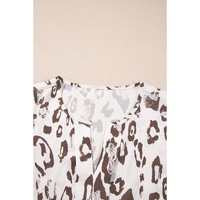 Khaki Leopard Print Split Neck Balloon Sleeve Blouse - L thumbnail