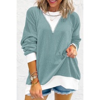 Light Blue Corded Colorblock Drop Shoulder Loose Top - M thumbnail