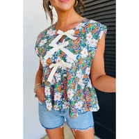 Green Floral Print Bow Applique Slit Sleeveless Peplum Blouse - M thumbnail