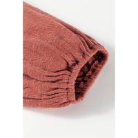 Mineral Red Solid Color Textured Frilled Trim V Neck Puff Sleeve Blouse - M thumbnail