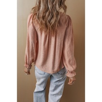 Gossamer Pink Floral Embroidered Textured Flounce Sleeve Elegant Blouse - L thumbnail