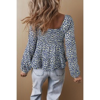 Blue Boho Floral Print Smocked Square Neck Loose Fit Blouse - L thumbnail