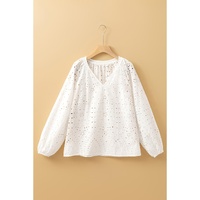 White Eyelet Embroidered Puff Sleeve V Neck Blouse - S thumbnail