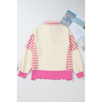 Pink Stripe Colorblock Patchwork Collared French Terry Knit Top - L thumbnail