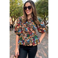 Black Tropical Print Bubble Sleeve Knot Front Blouse - M thumbnail